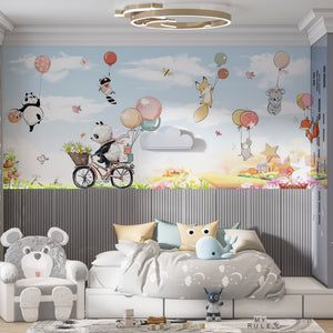 Nursery Room Mural | Panda Animals Cycling Wallpaper For Kids