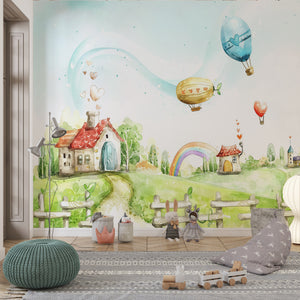 Nursery Wall Mural | Watercolor Cute Houses Wallpaper for Kids