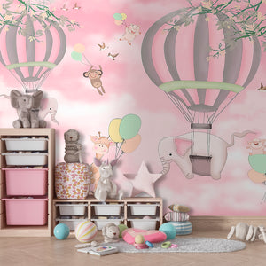 Nursery Room Mural | Hot Air Balloons and Animals Wallpaper For Kids