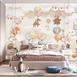 Childrens Wallpaper Murals for Bedroom | Animals and Balloons in Clouds Wallpaper for Kids