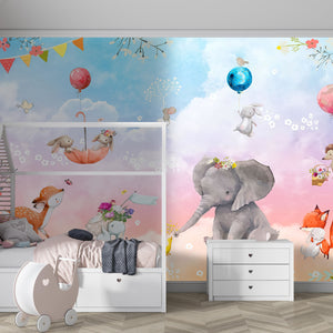 Nursery Wall Mural | Animals in Clouds Wallpaper for Kids