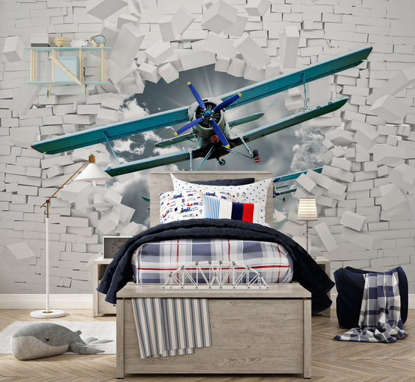 Nursery Room Mural, Airplane Wallpaper for Boys, Non Woven Murals, Aviation Aeroplane Kids Room Wallpaper Mural, Custom Size