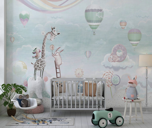 Childrens Wall Mural, Watercolor Animals Wallpaper Nursery, Non Woven, Hot Air Balloons Mural, Giraffe and Rabbits, Wallpaper Kids Room