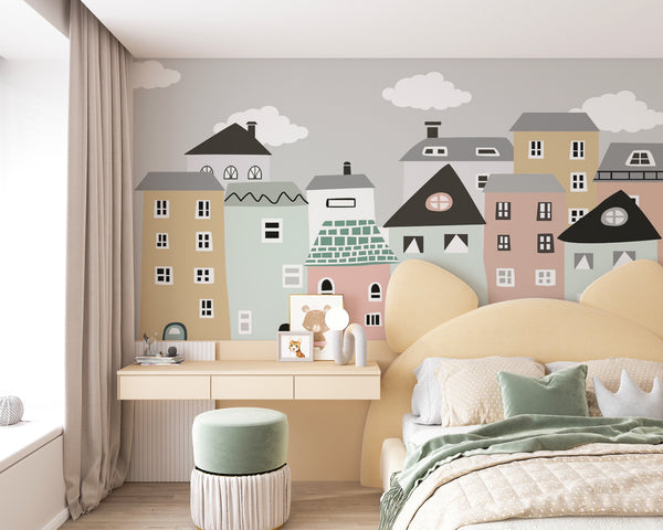Childrens Wall Mural, Watecolor Village Kit Wallpaper Nursery, Town Wallpaper, Cartoon Small Town Wall Art, Rooftop, Doodled Houses Wallcovering