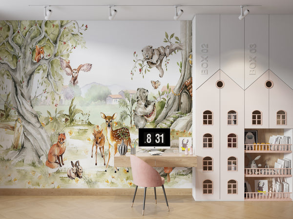 Nursery Wall Mural | Watercolor Woodland Animals Wallpaper Murals for Kids