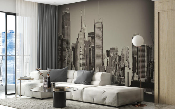 Black & White Vintage City Wall Mural, Black & White Wallpaper, Non Woven, Greyscale New York Wallpaper, Skyscrapers Wall Mural