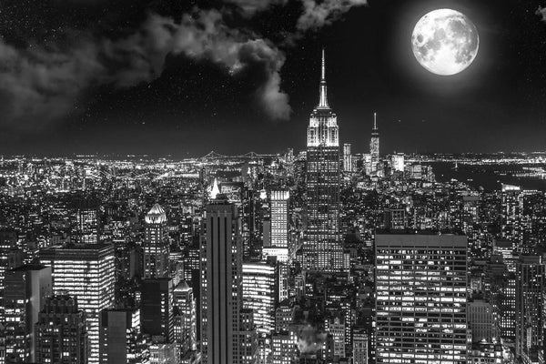 Black and White Night  City, Black & White Wallpaper, Non Woven, Moon and Builldings Wallpaper, Night City Wall Mural