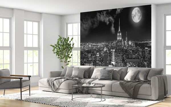 Black and White Night  City, Black & White Wallpaper, Non Woven, Moon and Builldings Wallpaper, Night City Wall Mural