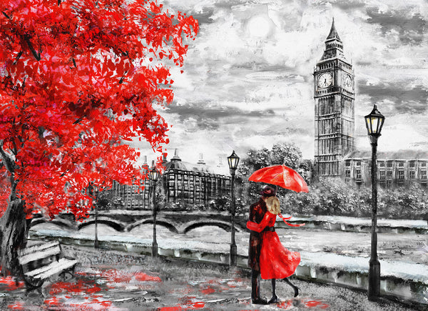 Countries Wallpaper, City Wallpaper, Non Woven, Black & White London city Wallpaper, Red Umbrella and Leaves Wall Mural