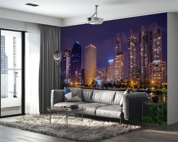 City Murals for Walls, City Wallpaper, Non Woven, Night View on City Buildings Wallpaper, City over the River Wall Mural