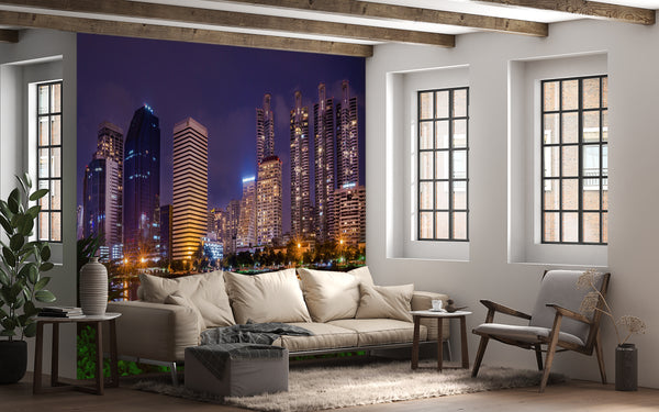 City Murals for Walls -  Night View on City Buildings Wallpaper