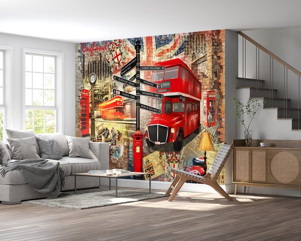Country Wallpaper for Walls, City Wallpaper, Non Woven, London Elements Wallpaper, Red Bus and Telephone Booth Wall Mural