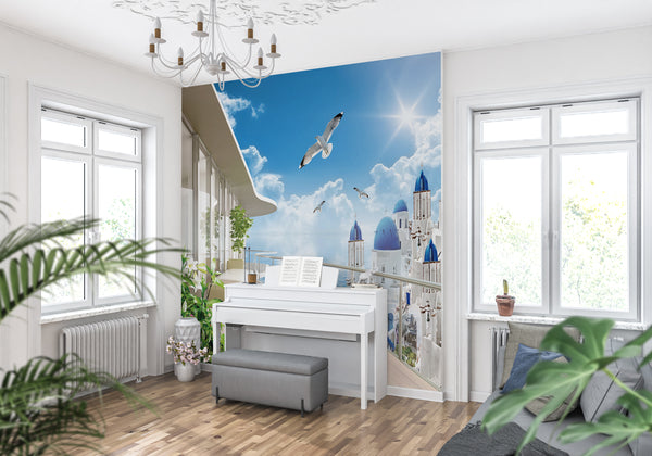 Best Country Wallpaper, City Wallpaper, Non Woven, Greece Arhitecture Wallpaper, Sea and Birds Wall Mural