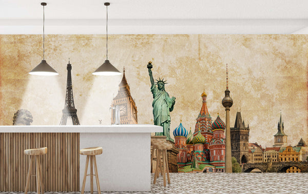 Countries Wallpaper, City Wallpaper, Non Woven, World Landmarks Wallpaper, Vintage Style Wall Mural