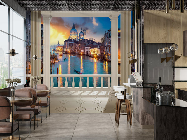 Cityscape Wall Mural, City Wallpaper, Non Woven, Canal With Boats In Venice Wallpaper, Italian Evening Wall Mural