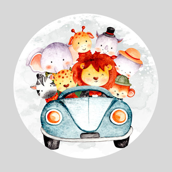 Circle Wall Decals For Nursery, Watercolor Safari Animals in Car Round Wall Decal for Kids, Self Adhesive Circle Wall Decor, Removable Decal