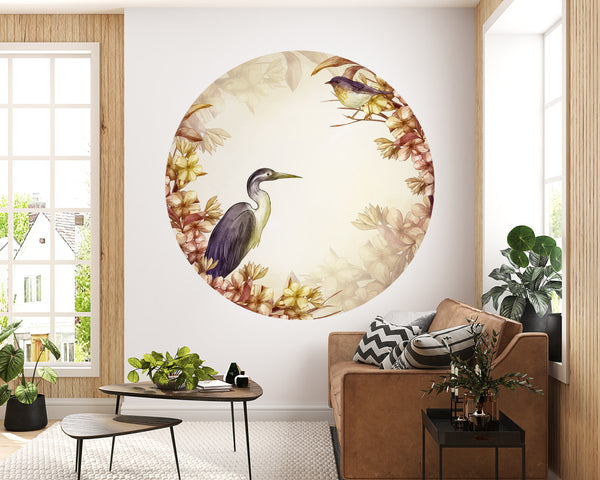 Vinyl Circle Sticker, Watercolor Birds and Flowers Wall Decal, Peel & Stick Vinyl, Self Adhesive Circle Wall Decor, Removable Decal