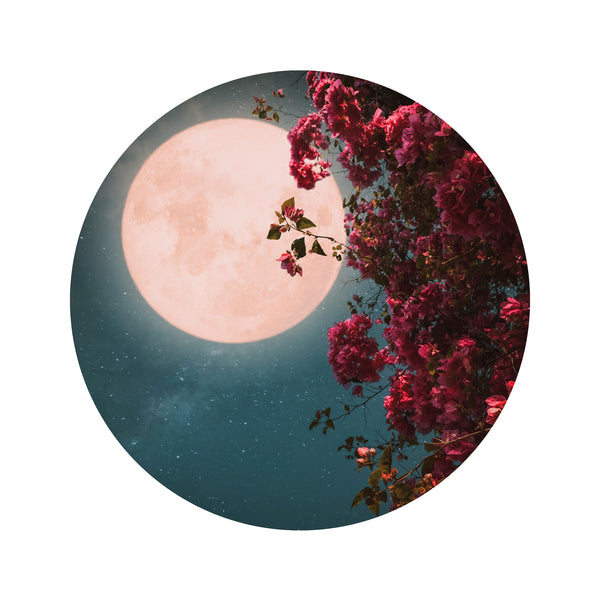 Vinyl Stickers Circle, Full Moon and Red Flowers Round Wall Decal, Peel & Stick Vinyl, Self Adhesive Circle Wall Decor, Removable Decal