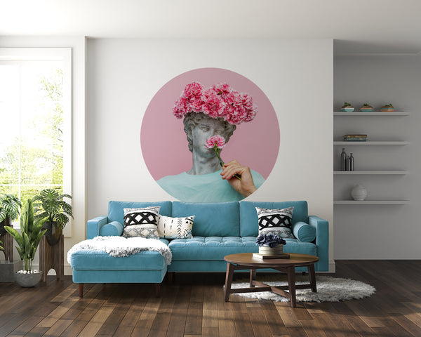Vinyl Circle Stickers, Modern Sculpture and Pink Flowers Round Wall Decal, Peel & Stick Vinyl, Self Adhesive Circle Wall Decor, Removable Decal