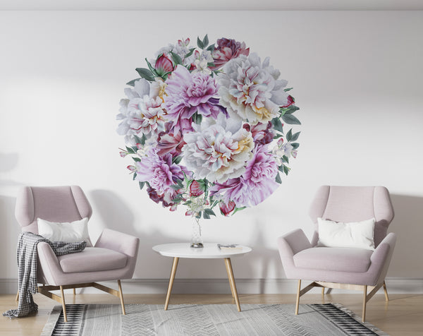 Circular Wall Decals, Pink Peony Flowers Circle Wall Stickers, Peel & Stick Vinyl, Self Adhesive Circle Wall Decor, Removable Decal