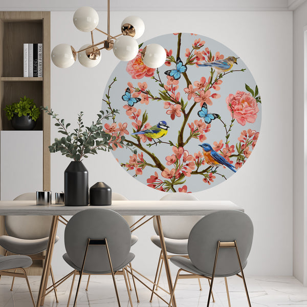Vinyl Circle Stickers, Colorful Birds and Butterflies on Blossom Tree Branches Round Wall Decal, Peel & Stick Vinyl, Self Adhesive Circle Wall Decor, Removable Decal