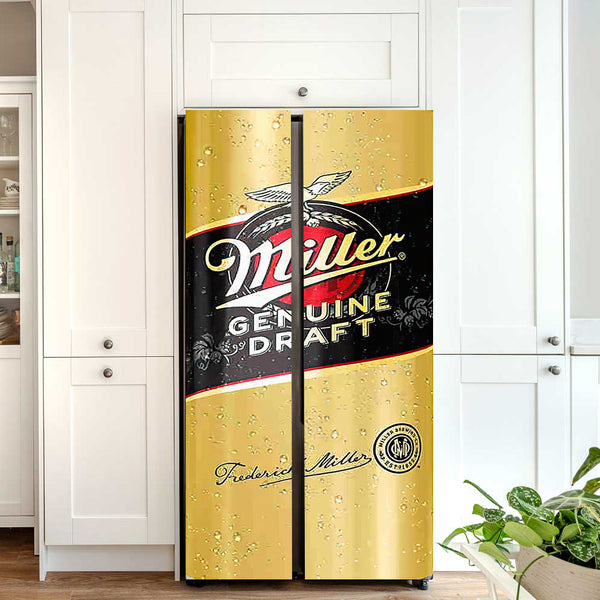 Fridge Decal, Miller Bottle Beer Genuine Draft Fridge Wrap, Door Mural, Refrigerator Decal, Mens Cave Vinyl Side by Side Sticker, Decorative Fridge Decal