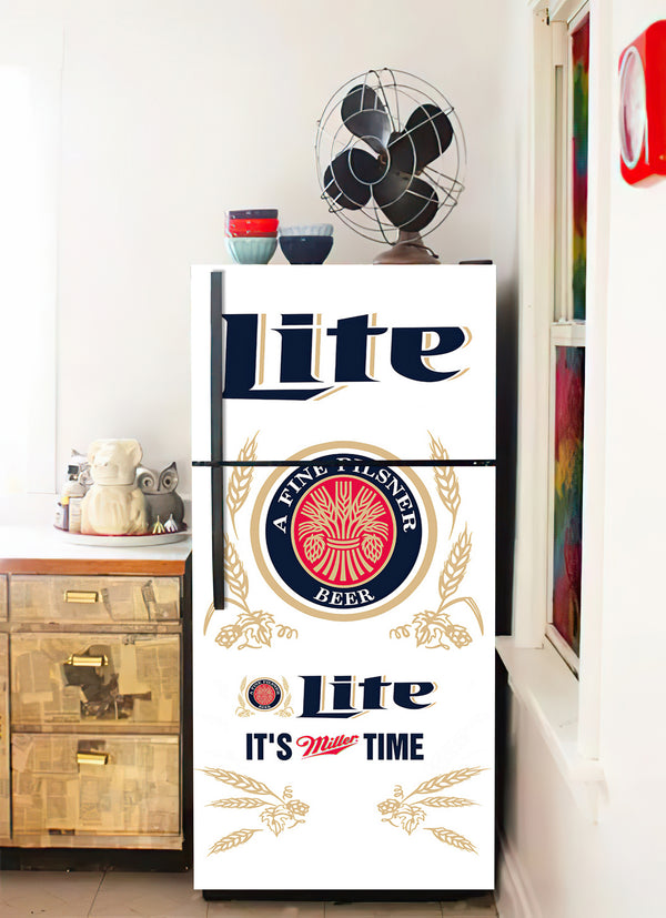 Fridge Decal, Miller Lite Bottle Beer Fridge Wrap, Door Mural, Refrigerator Decal, Mens Cave Vinyl Side by Side Sticker, Decorative Fridge Decal