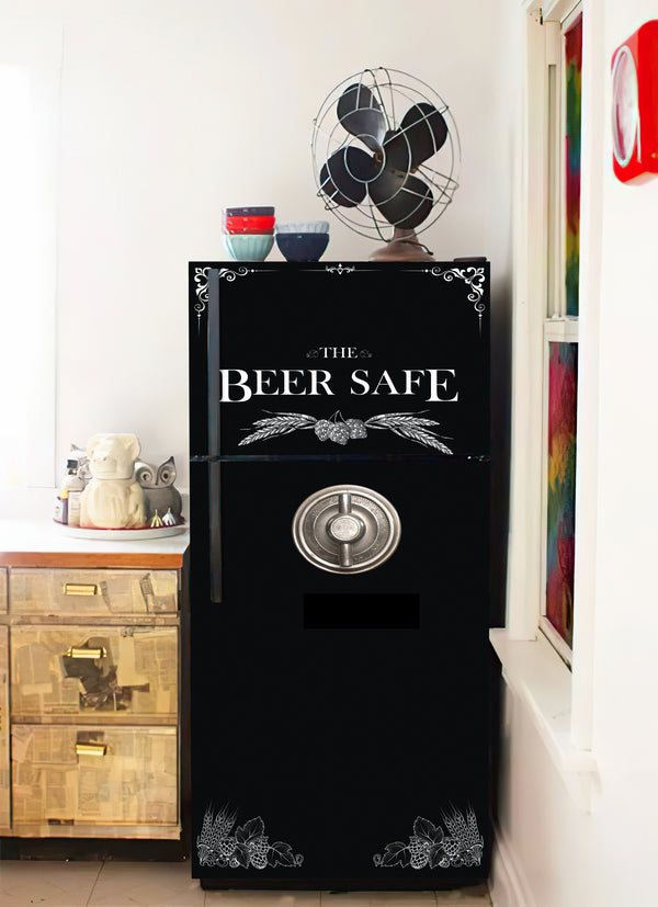 Fridge Decal, Black Beer Safe Fridge Wrap, Door Mural, Refrigerator Decal, Mens Cave Vinyl Side by Side Sticker, Decorative Fridge Decal