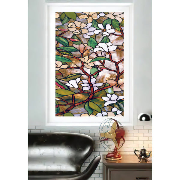 Privacy Window Film, Magnolia Flowers Stained Glass Window Film, Decorative Window Film