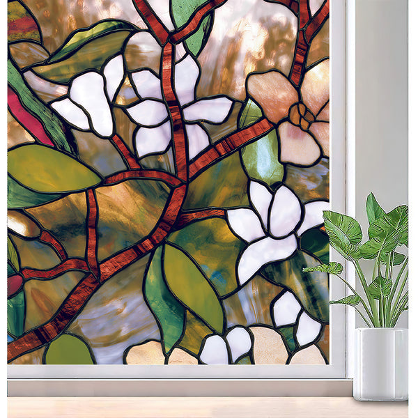 Privacy Window Film, Magnolia Flowers Stained Glass Window Film, Decorative Window Film