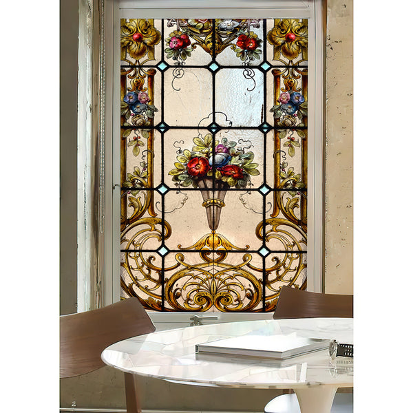 Window Privacy Stickers , Medieval Stained Glass Red Flower Window Privacy Film