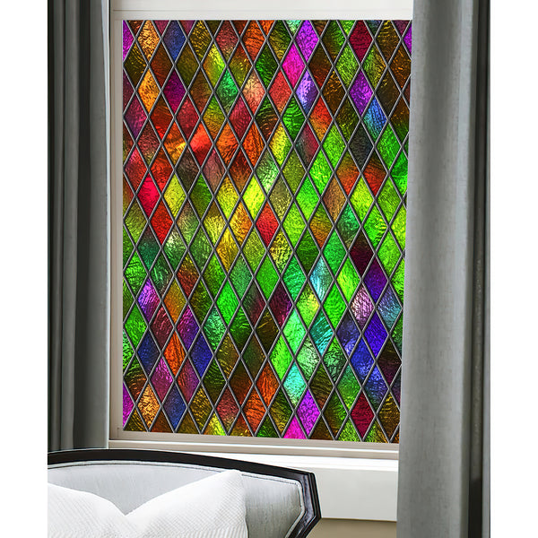 Window Stickers For Privacy, Colorful Retro Rhombus Stained Glass Window Covering, Rainbow Colors, Geometrical Privacy Film,Diamond Pattern
