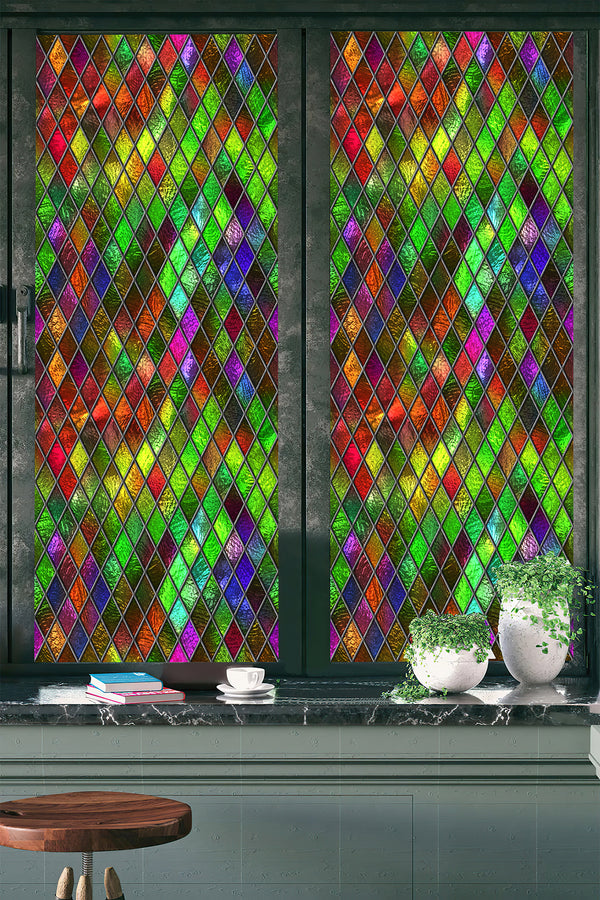 Window Stickers For Privacy, Colorful Retro Rhombus Stained Glass Window Covering, Rainbow Colors, Geometrical Privacy Film,Diamond Pattern