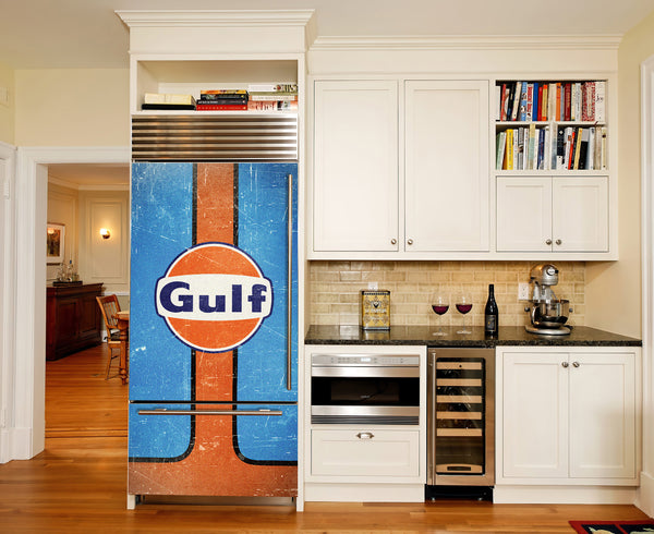 Door Stickers Retro Gus Pump Refrigerator Wrap, Vintage Fuel Station Logo Fridge Wrap, Garage Fridge Vinyl Decal Side by Side, Door Skin Mural, Men's cave