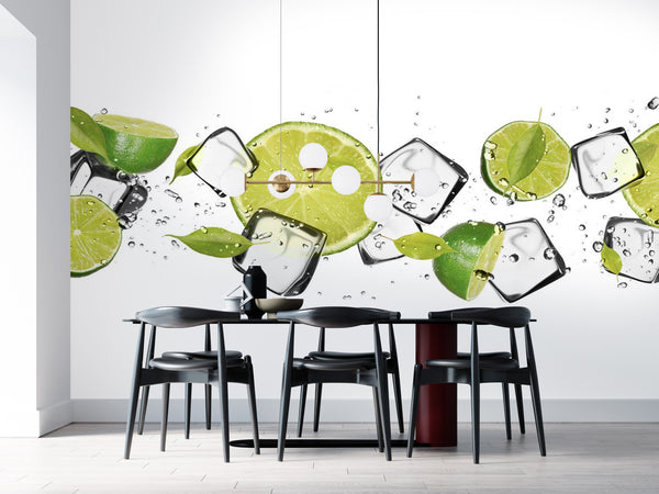 Food Murals, Food & Drinks Wallpaper, Non Woven, Green Lime & Ice Cubes Kitchen Wall Mural