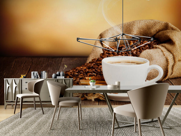 Food Murals, Food & Drinks Wallpaper, Non Woven, Coffee Cup & Beans Kitchen Wall Mural