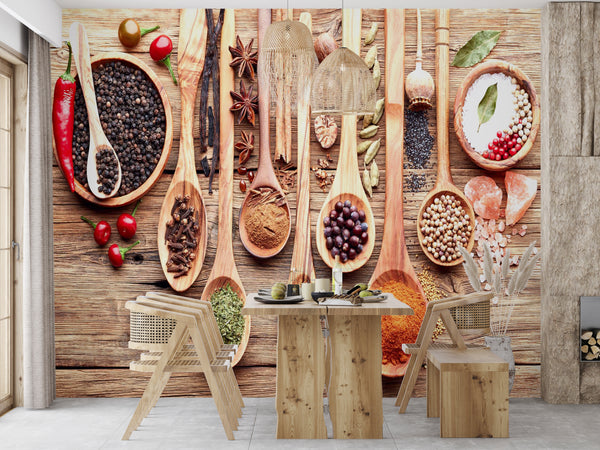 Dining Room Mural, Food & Drinks Wallpaper, Non Woven, Spices & Herbs Kitchen Wall Mural, Wooden Background Wallpaper