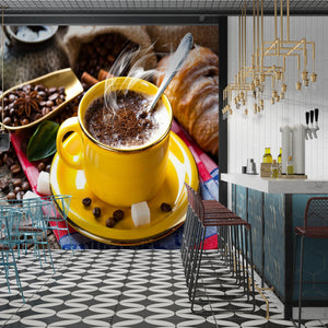 Wall Murals for Dining Room | Mural Coffee | Yellow Cup of Coffee Kitchen Wall Mural