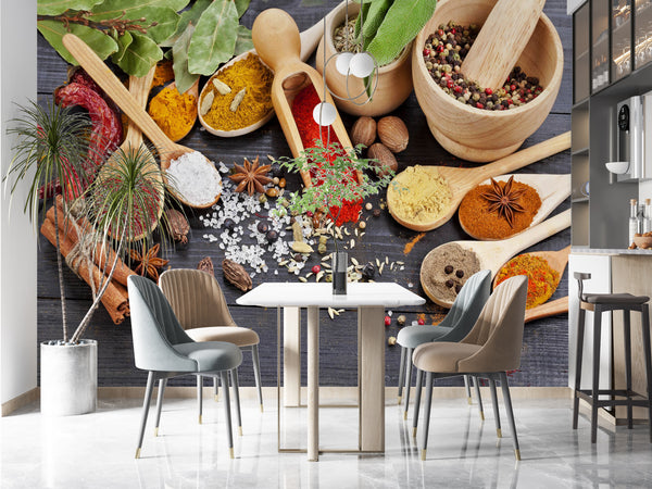 Food Murals, Food & Drinks Wallpaper, Non Woven, Colorful Spices & Herbs Kitchen Wall Mural