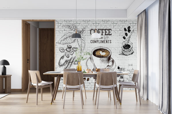 Dining Room Mural, Food & Drinks Wallpaper, Non Woven, Coffee Graffiti Style Kitchen Wall Mural, White Bricks Background Wallpaper