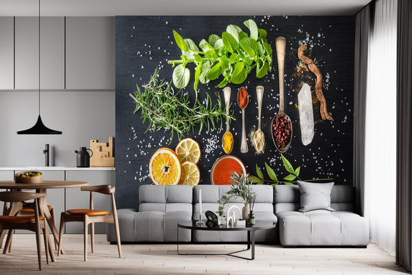 Murals Food, Food & Drinks Wallpaper, Non Woven, Colorful Spices & Herbs Wall Mural, Dark Background Wallpaper