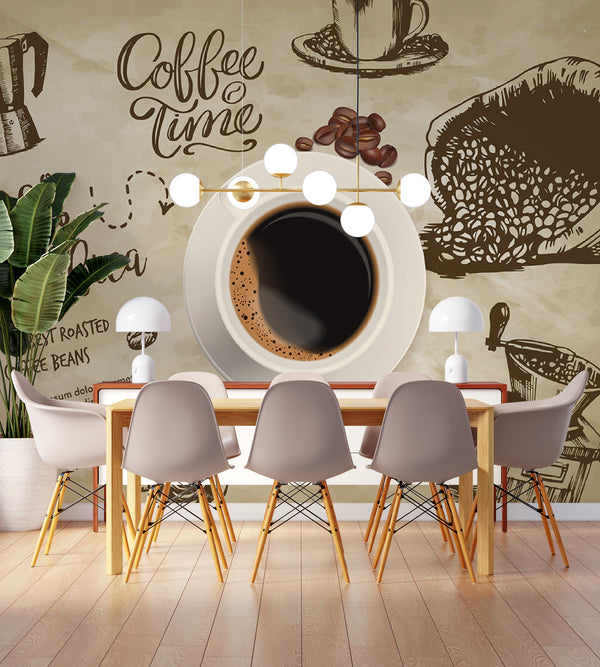 Wall Murals for Dining Room, Food & Drinks Wallpaper, Non Woven, Coffee Cup Kitchen Wall Mural, Beige Abstract Wallpaper