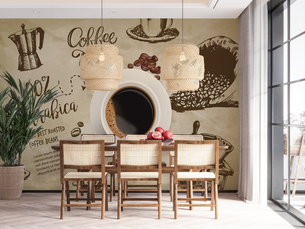 Wall Murals for Dining Room | Coffee Mural Art | Coffee Cup Kitchen Wall Mural