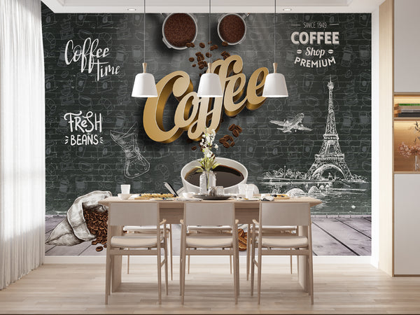 Murals Food, Food & Drinks Wallpaper, Non Woven, Coffee Cup Kitchen Wall Mural, Tour Eiffel Background Wallpaper