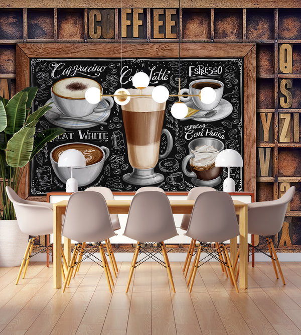 Food Murals | Coffee Mural Art | Coffee Cups Kitchen Wall Mural