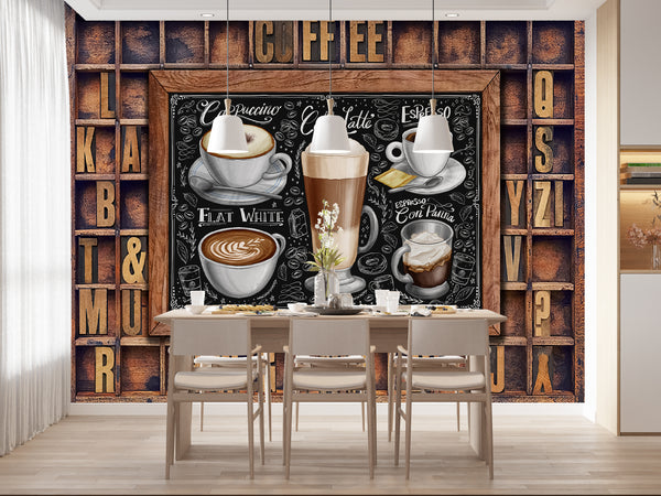 Food Murals, Food & Drinks Wallpaper, Non Woven, Coffee Cups Kitchen Wall Mural,Vintage Wood Wallpaper