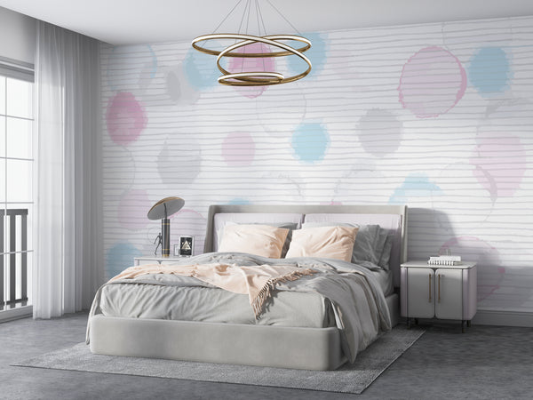 Abstract Wallpaper Mural, Non Woven, Colorful Bubbles Wallpaper, Blue and Pink Dots Wall Mural