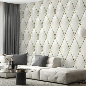 Texture Wallpaper for Walls | White & Gold Luxurious Chesterfield Capitone Wall Mural