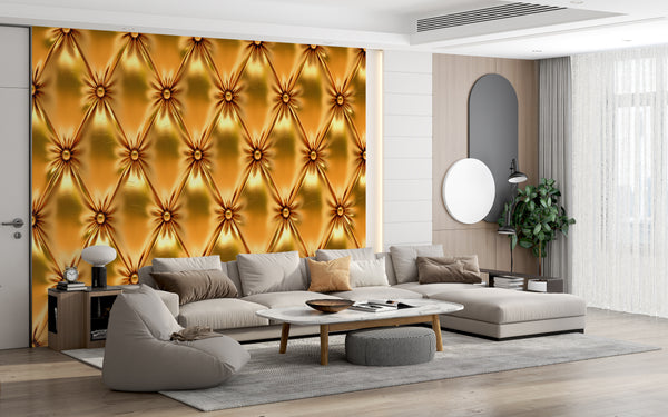 Texture Wallpaper, Non Woven, Gold Luxurious Chesterfield Capitone Wall Mural, Leather Imitation Wallpaper