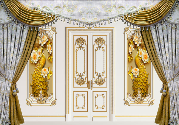 Texture Wallpaper, Non Woven, Classic Interior Door and Peacock Birds Wallpaper, Golden Curtains Wall Mural
